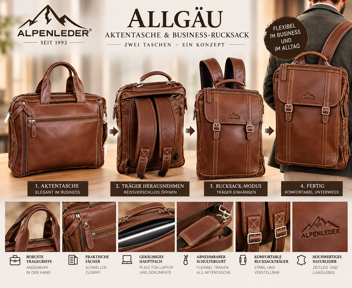 Alpenleder Business-Rucksack ALLGÄU aus Büffelleder – Laptopfach 17 Zoll