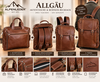 Alpenleder Business-Rucksack ALLGÄU aus Büffelleder – Laptopfach 17 Zoll